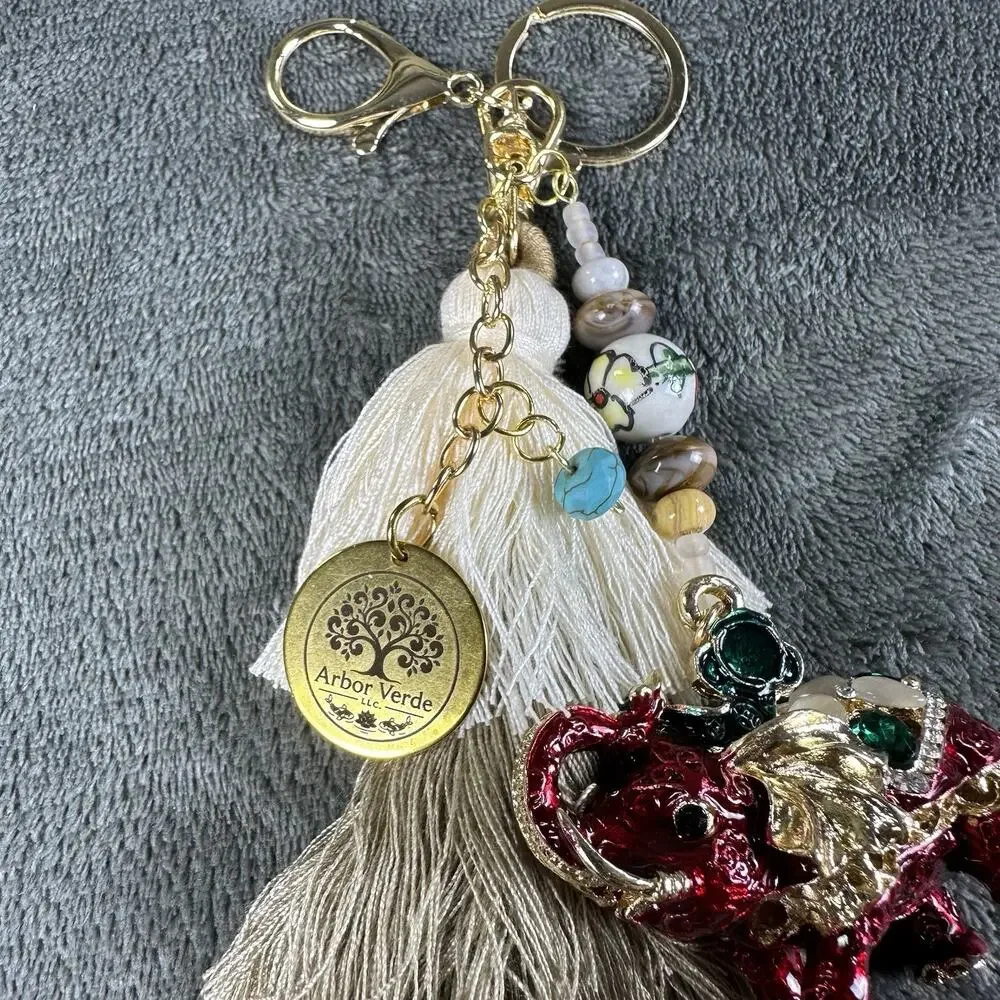 Bag charm Keychain Red Elephant Metal enamel bohemian Tassel BC0035